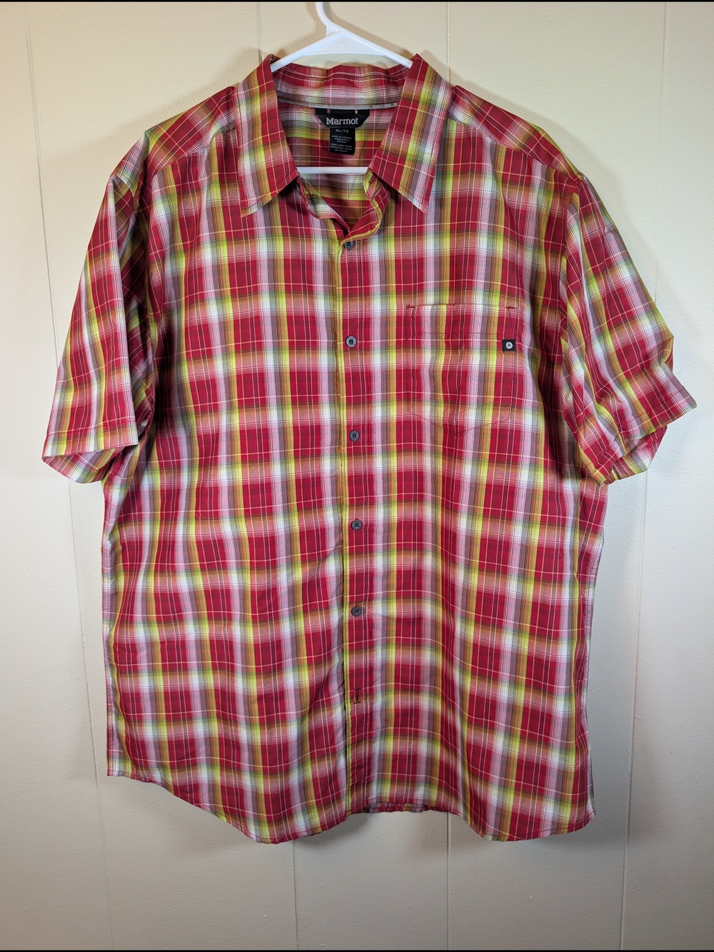 MARMOT Plaid Button Down Shirt Mens XL Red Yellow Short Sleeve Outdoor Lightweig - Picture 3 of 9